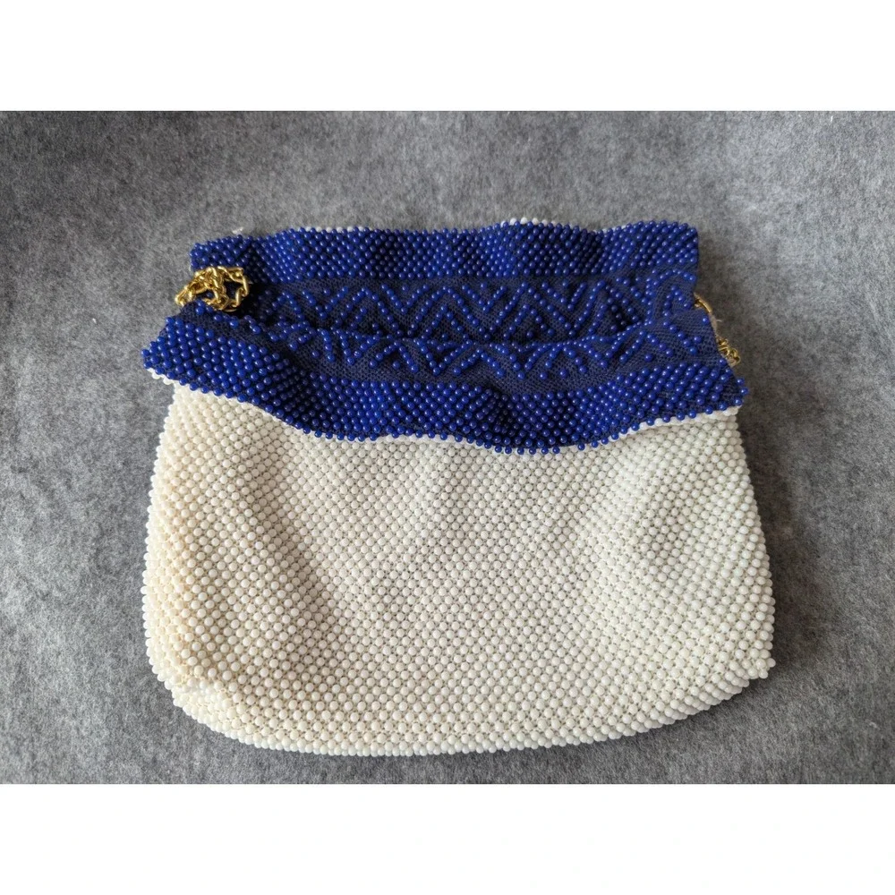 Vintage Reversible Beaded Blue & White Retro Hippie Bag Purse Drawstring Cinch